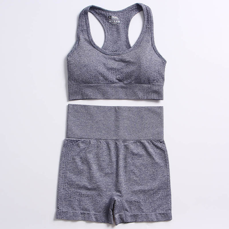 Women Workout Clothing Gym Yoga Set Blue Gray 2pcs