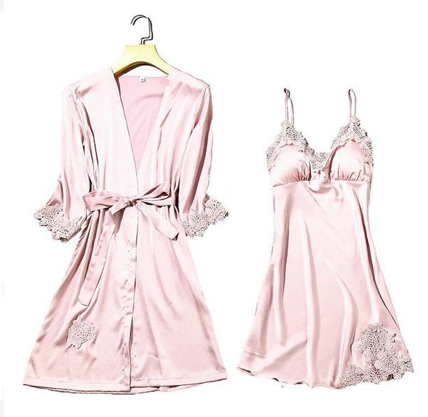 Satin Lace Pyjamas Set Pink Set - C