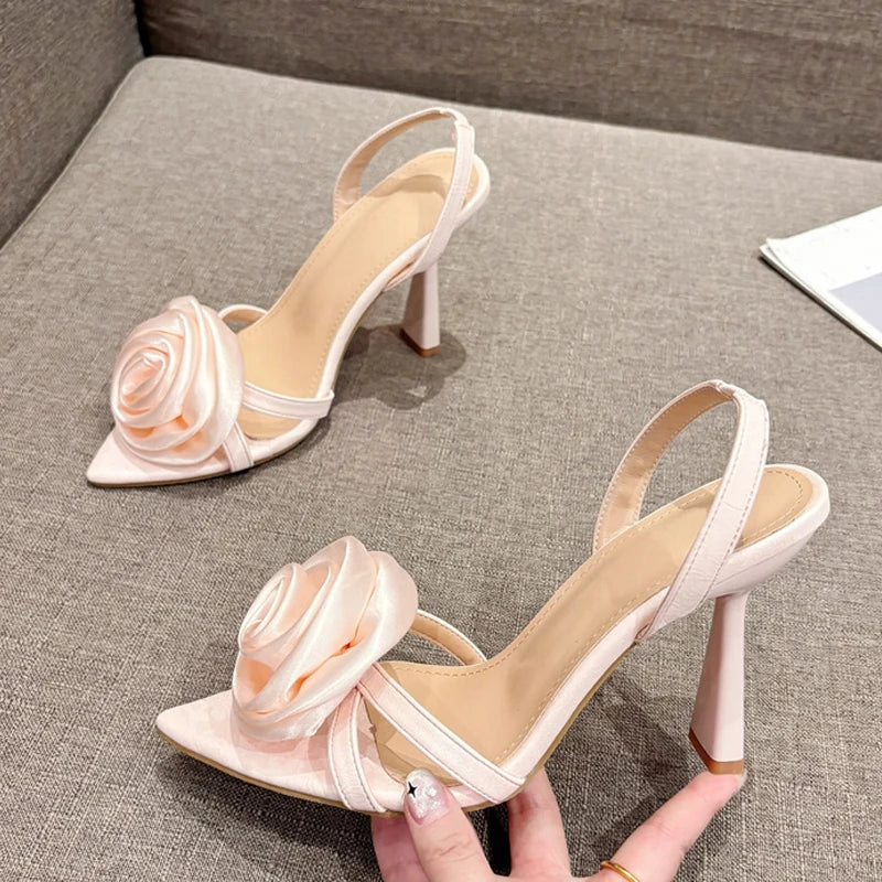 Fashion Satin Rose Flower Pointed Open Toe Back Strap high heels Sandals