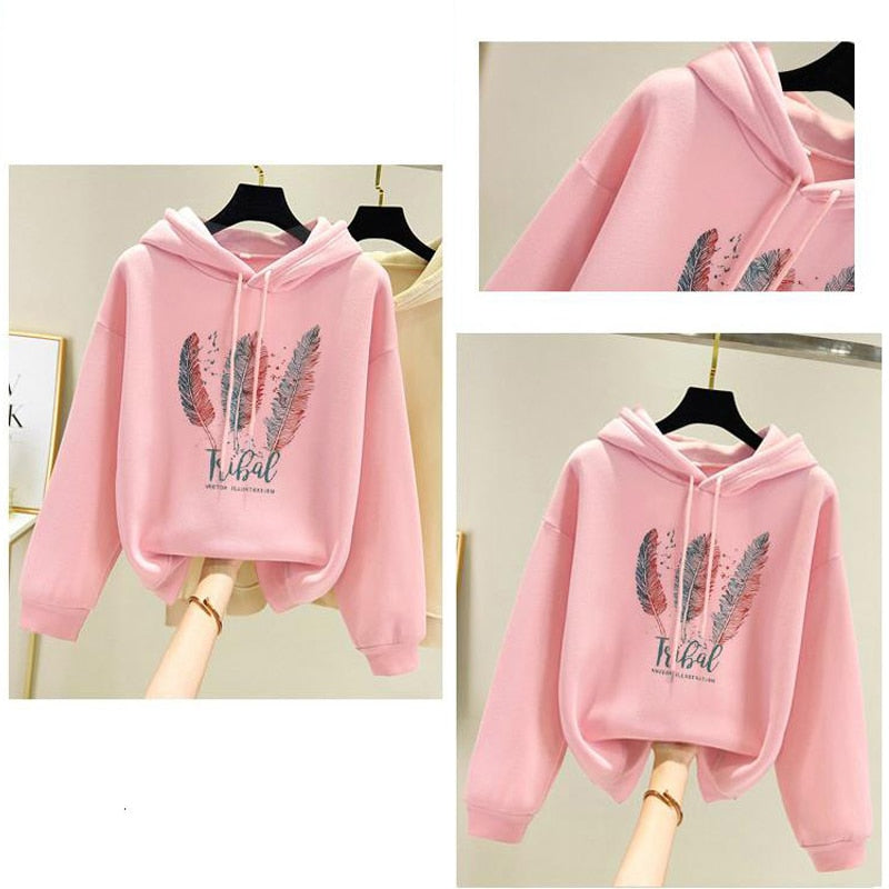 Women Fashion Feather Printed Hoodies