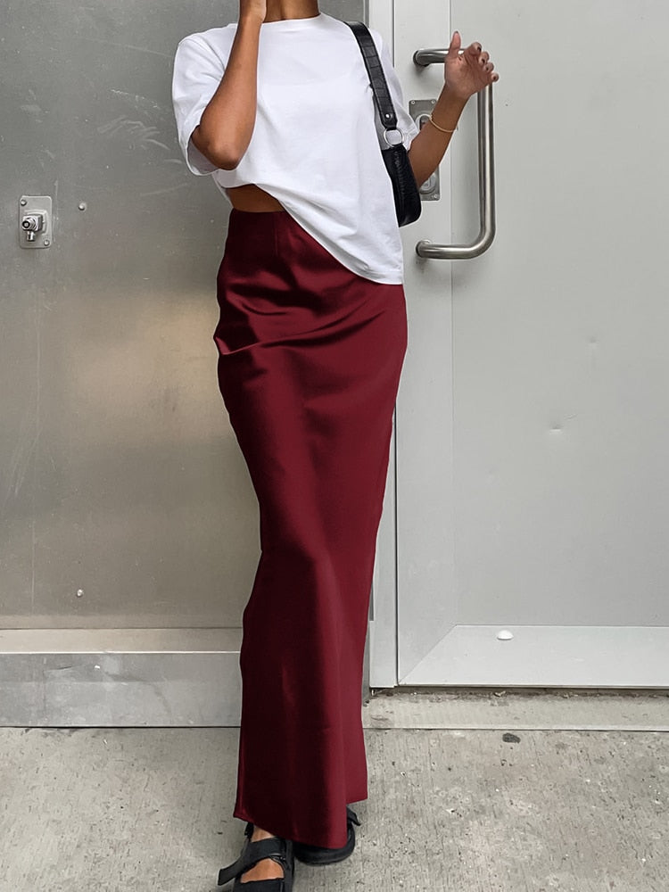 New Elegant Satin Black Trumpet Skirts wine red