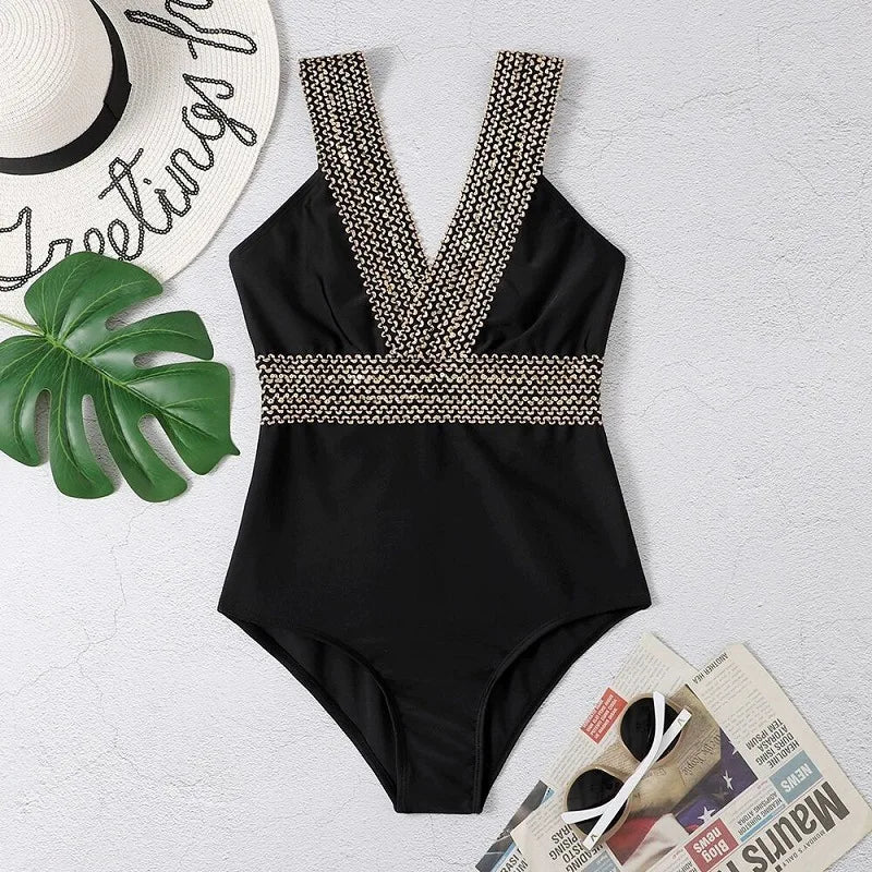 V-neck One Piece Black Sexy Swimwear