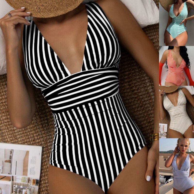 Striped Plunge One Piece Swimsuit