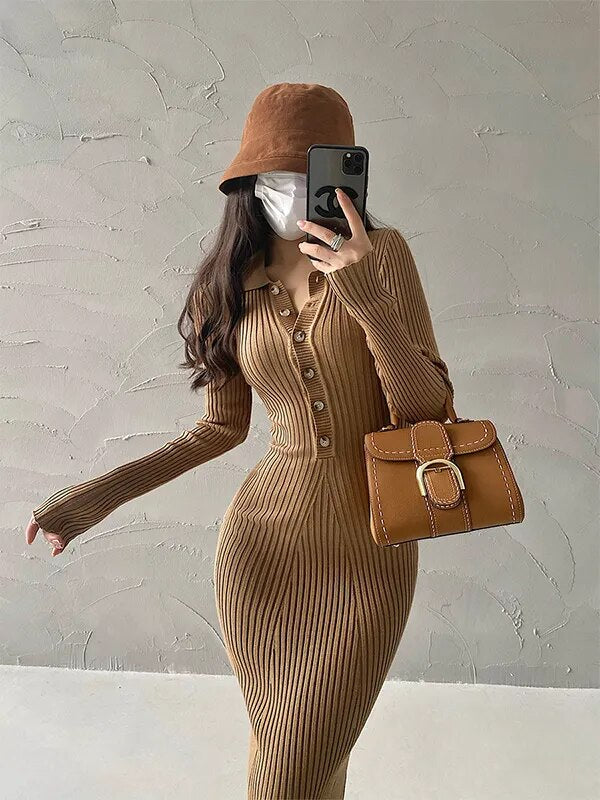 Single Breasted Long-sleeve Knitted Fishtail Dress khaki