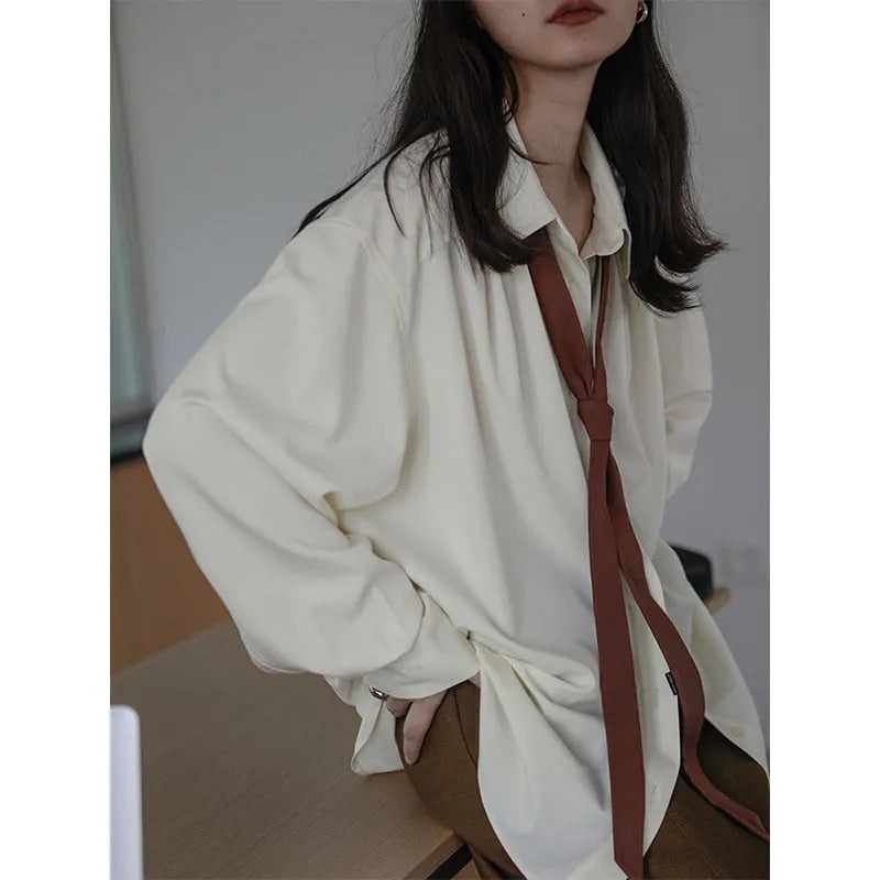 Minimalist Long Sleeve Button Up Shirt Apricot add Tie