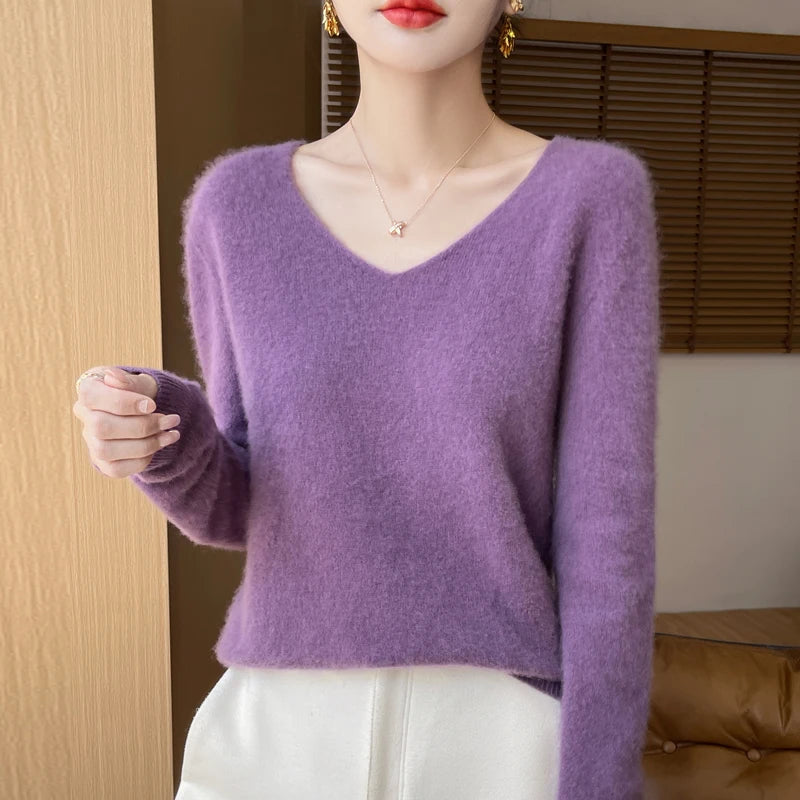 100% Merino Wool V-Neck Sweater Pullover PURPLE CHINA