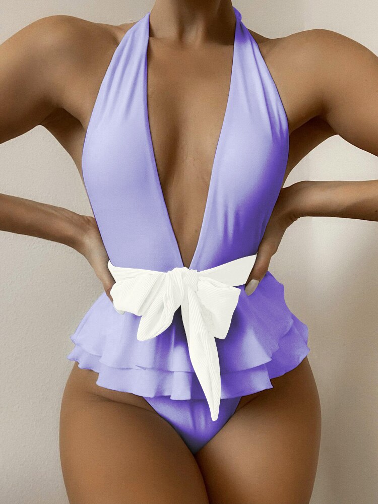 Bow belt plunge One-piece Best selling Swimsuit