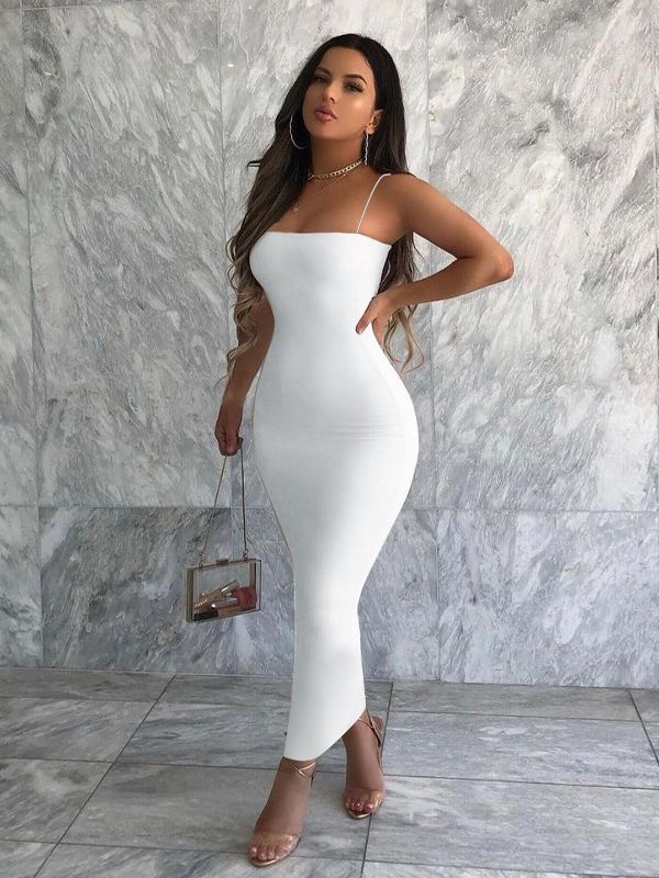 Women Solid White Black Strap Midi Dress