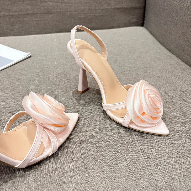 Fashion Satin Rose Flower Pointed Open Toe Back Strap high heels Sandals