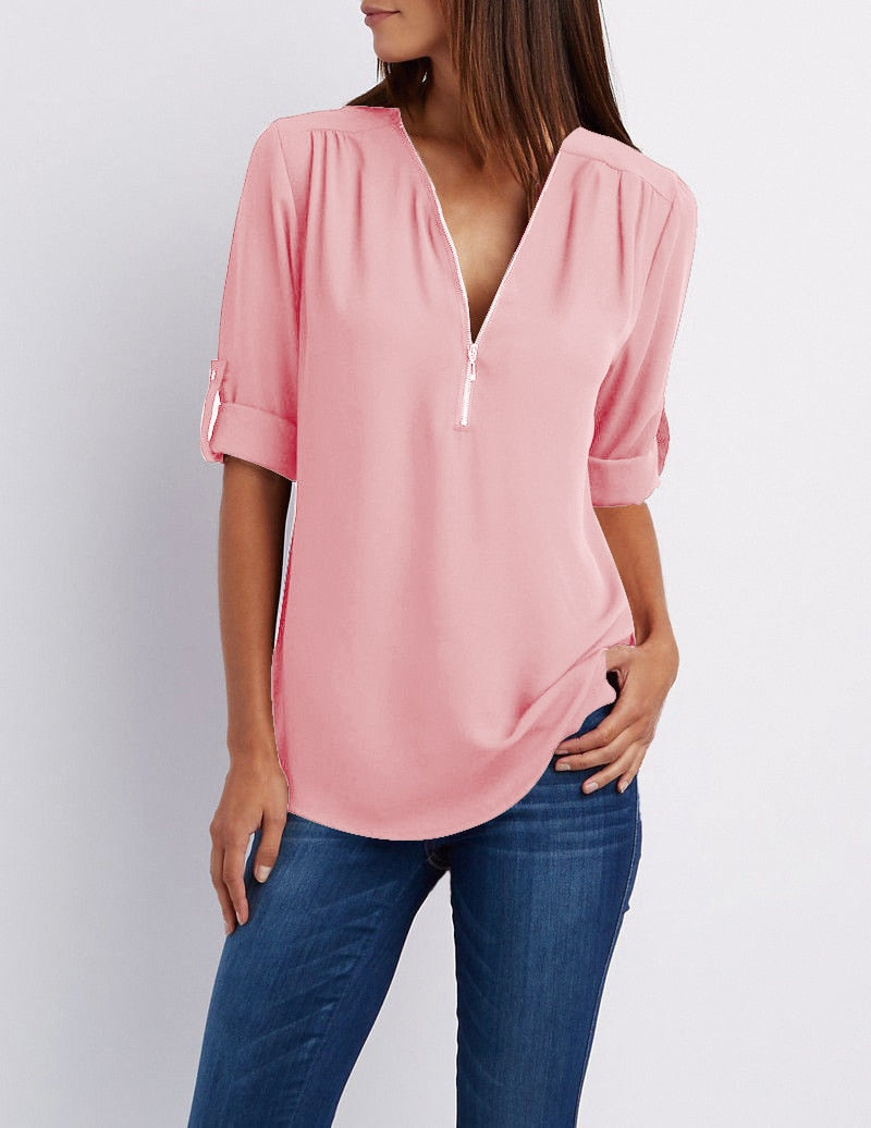 Women Chiffon Blouse Tops pink