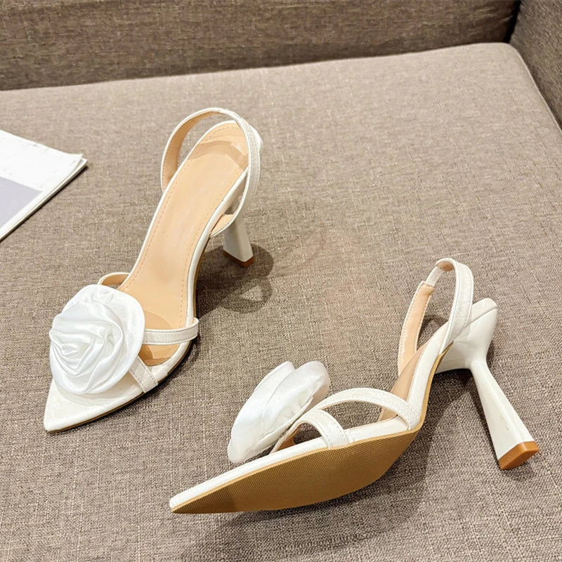 Fashion Satin Rose Flower Pointed Open Toe Back Strap high heels Sandals