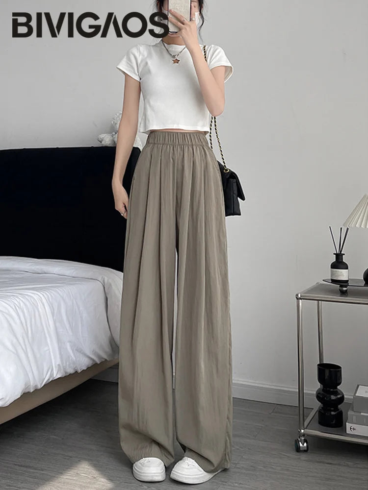 Elasticated waistband Wide Leg Trousers for Women Khaki green