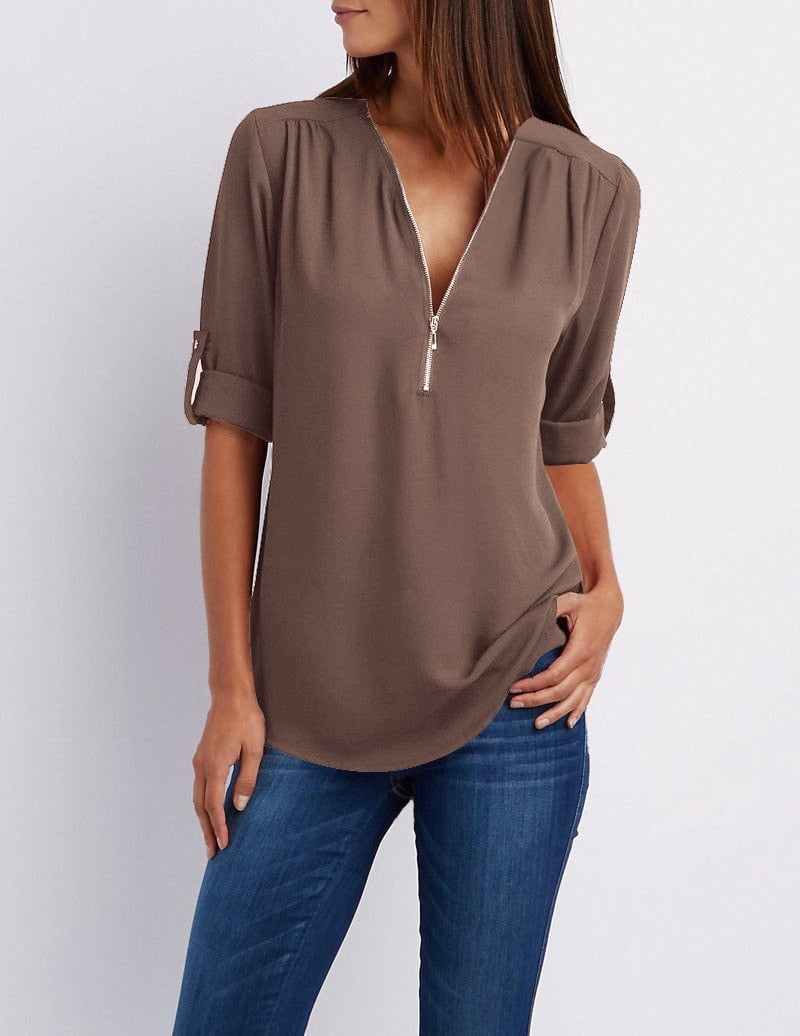 Women Chiffon Blouse Tops Dark brown