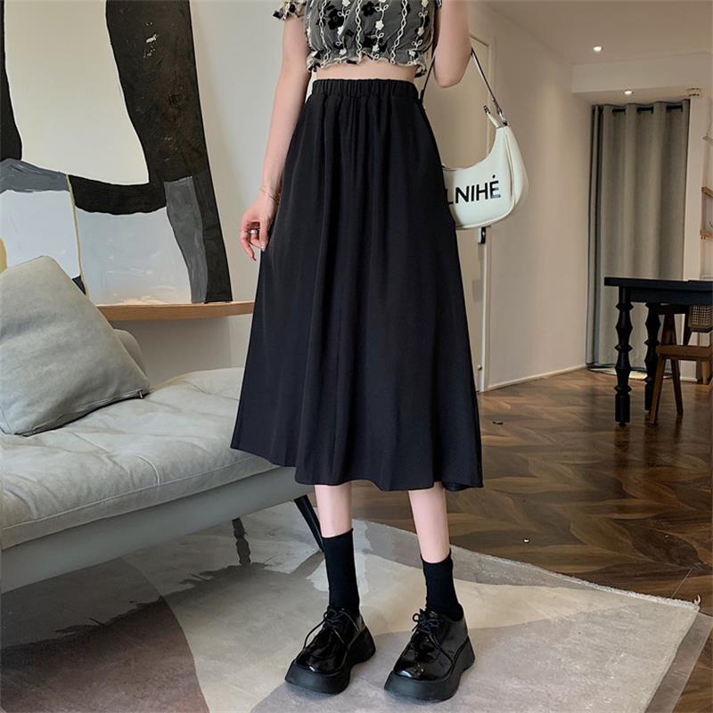 New Vintage Floral Print A-line Pleated Long Skirts Black One Size