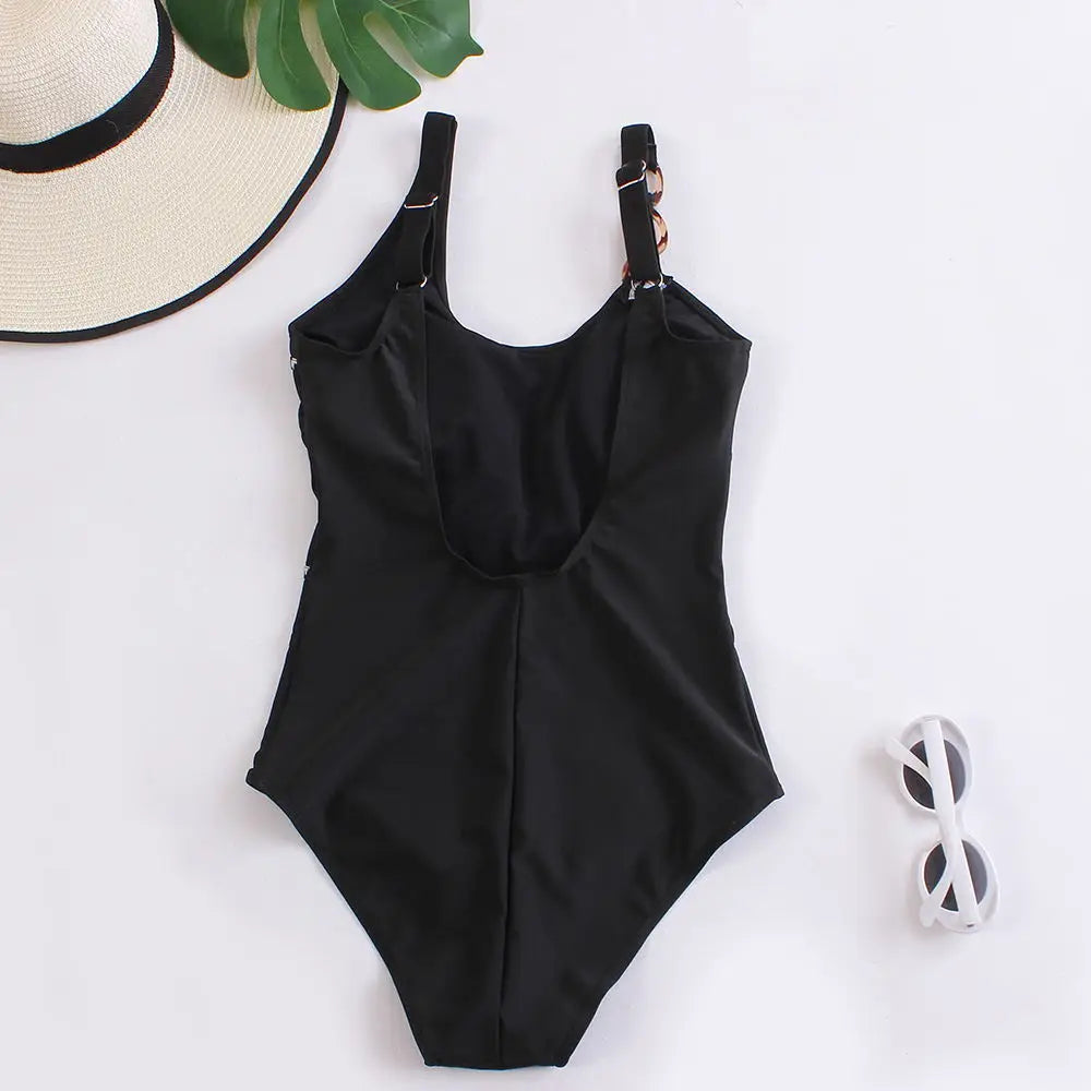 Solid Black Hollow Out One Piece Brazilian Swimwear