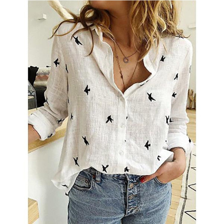 New Elegant Cotton Linen Shirts Birds Print White