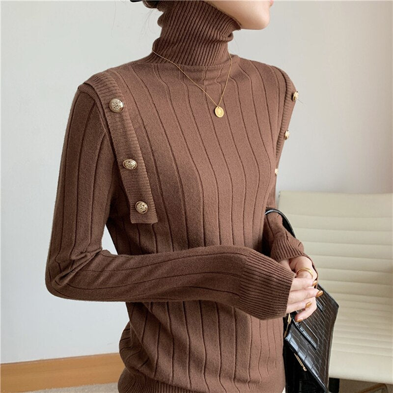 Long sleeve turtle neck Knitted with button detail sweater top