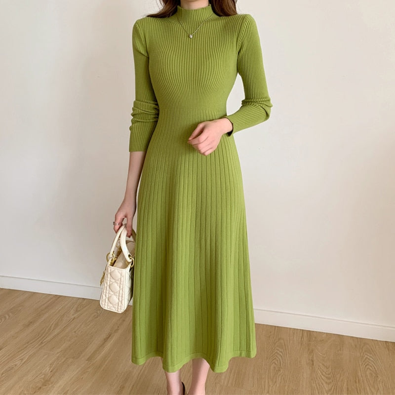 A line Long Sleeve Knitted Mid-calf Fashion Dress