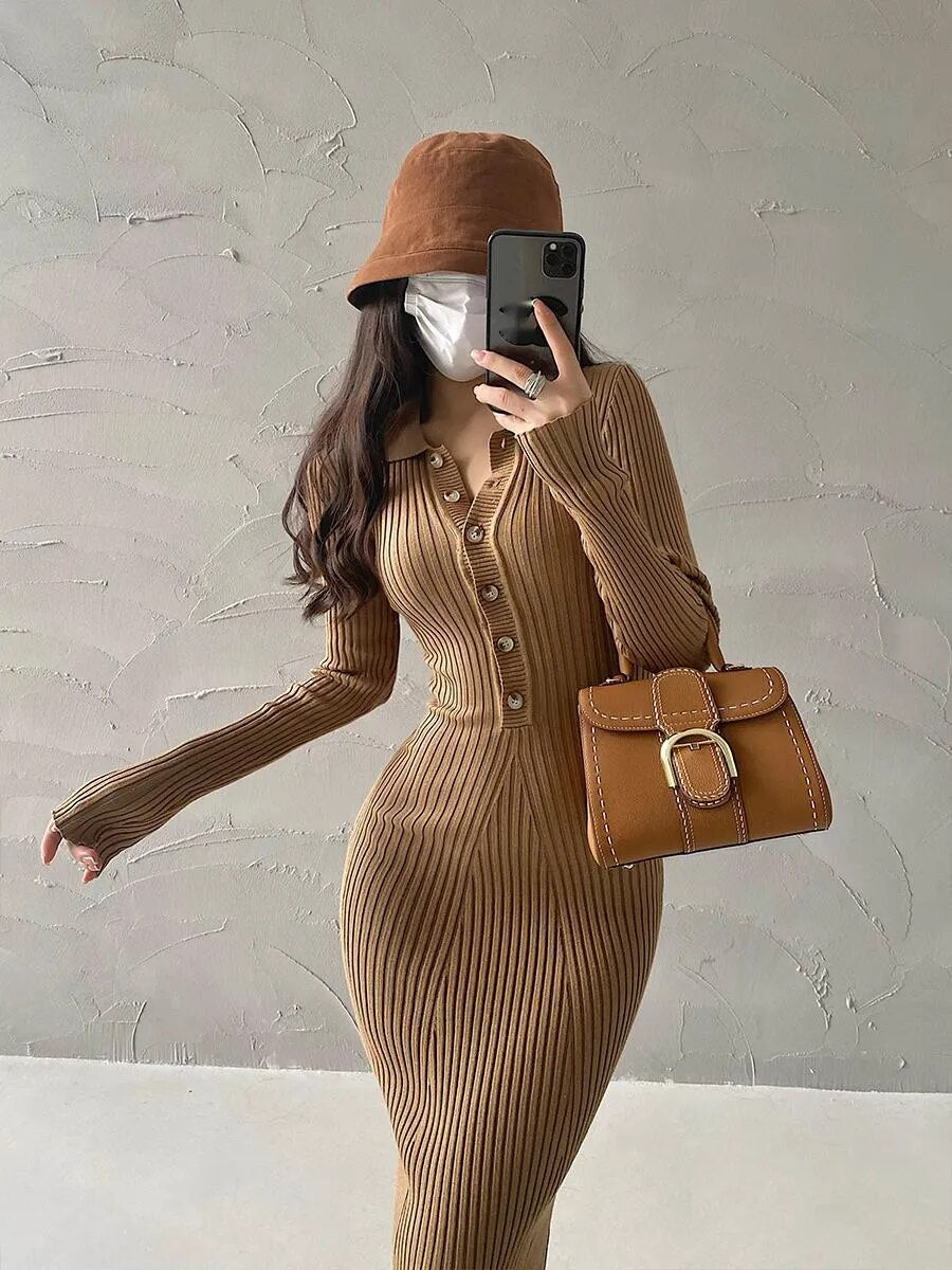 Single Breasted Long-sleeve Knitted Fishtail Dress