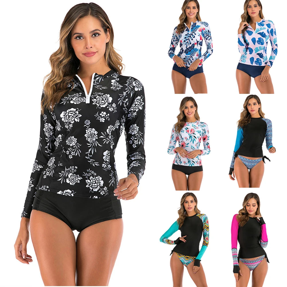 New Long Sleeve Rash Guard Elegant Print Swimwear