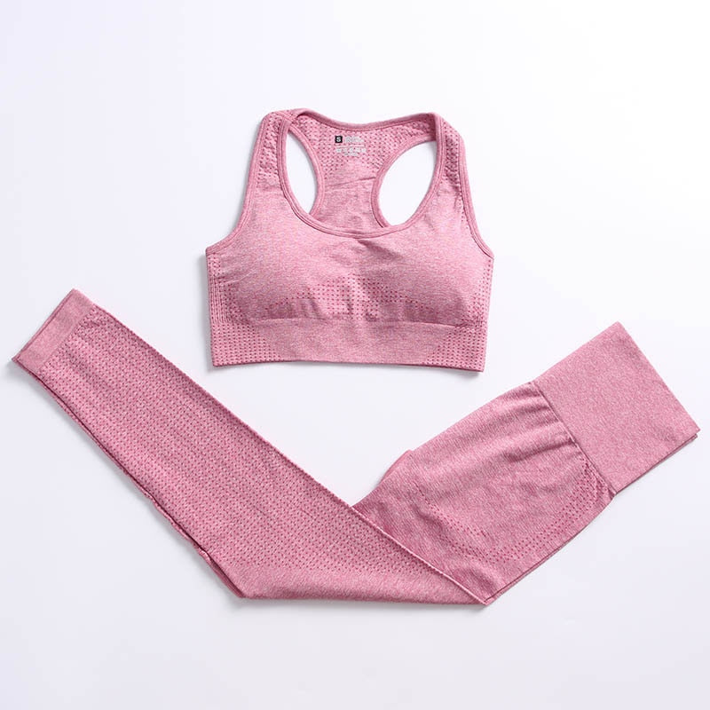 Women Workout Clothing Gym Yoga Set Pink 2pcs 2