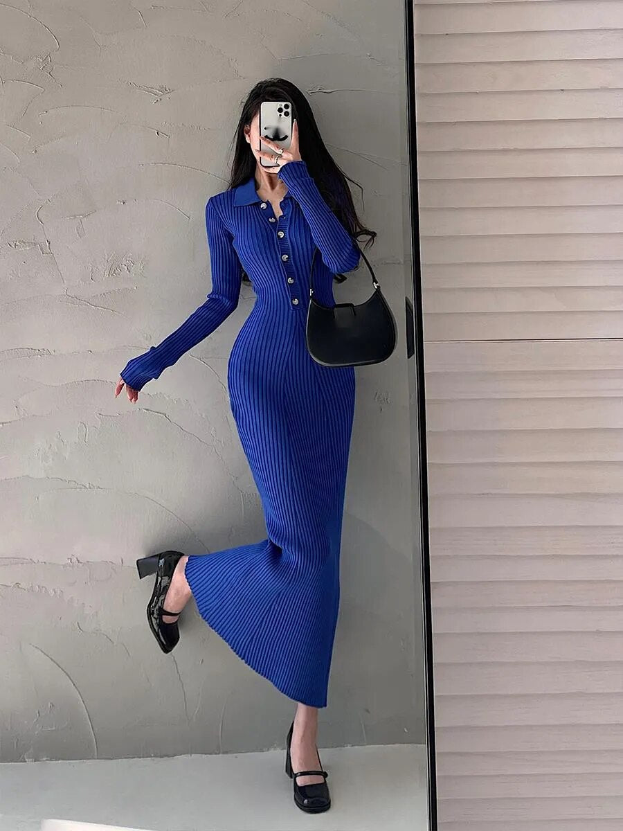 Single Breasted Long-sleeve Knitted Fishtail Dress