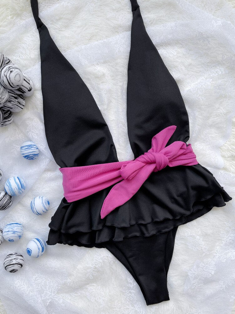 Bow belt plunge One-piece Swimsuit