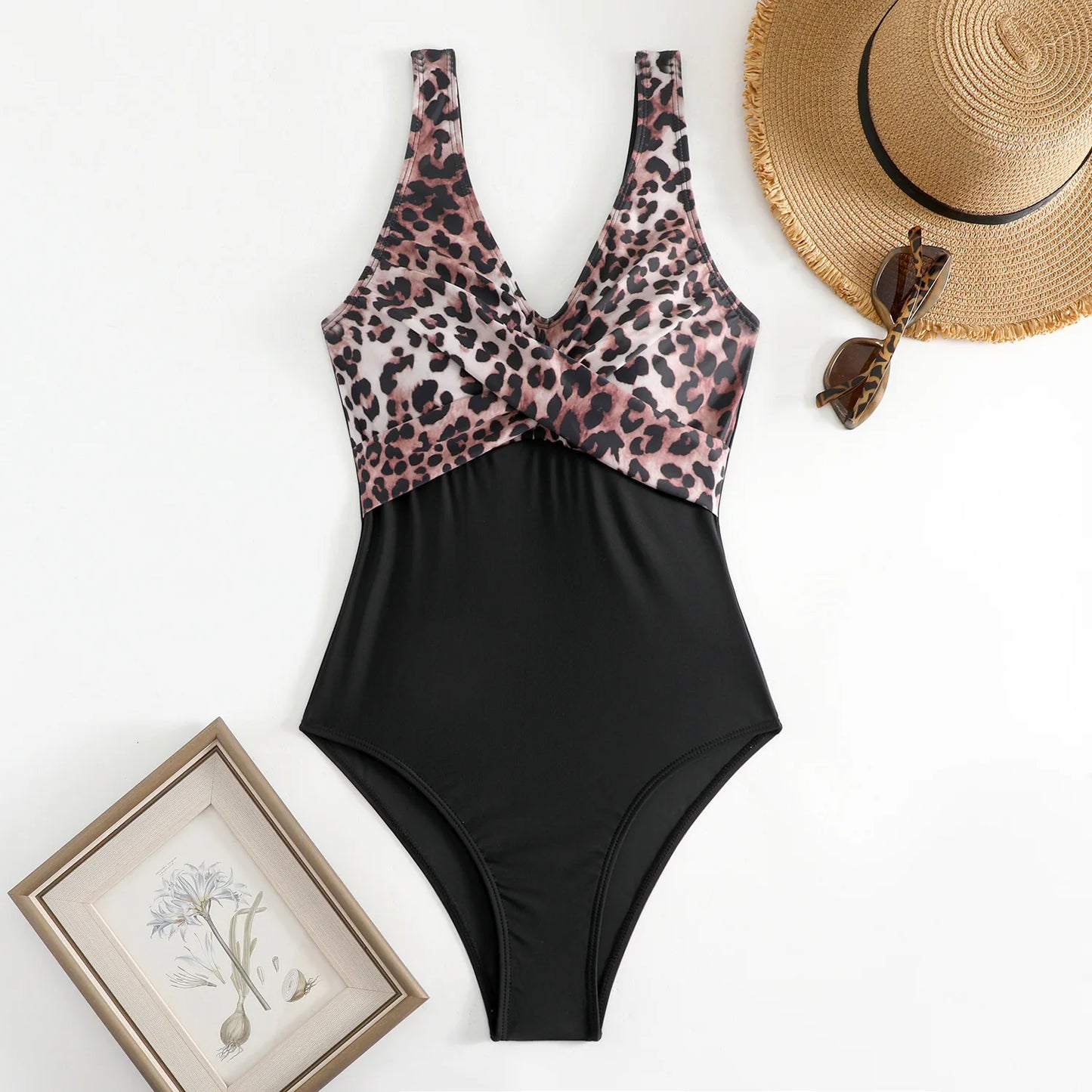 Women's One Piece Floral Print Push Up Bathing Suit leopard