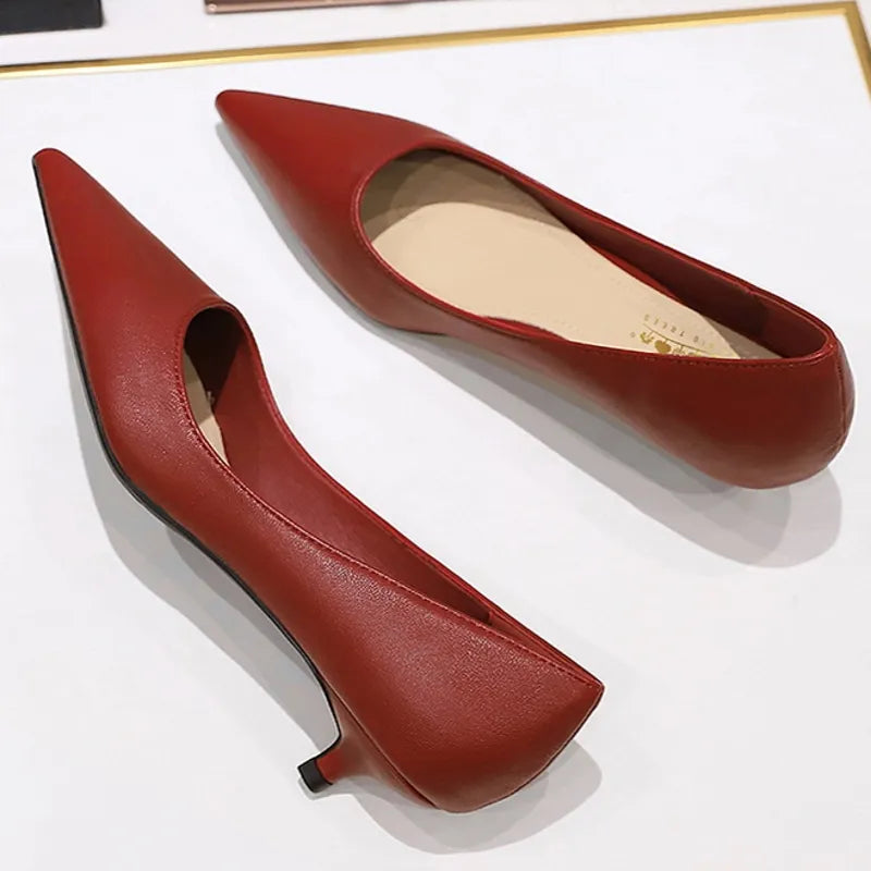 Women OL Soft Leather Elegant Med High red Heels