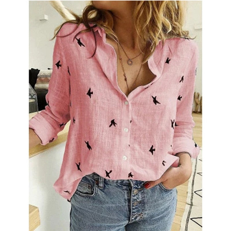 New Elegant Cotton Linen Shirts Birds Print Pink