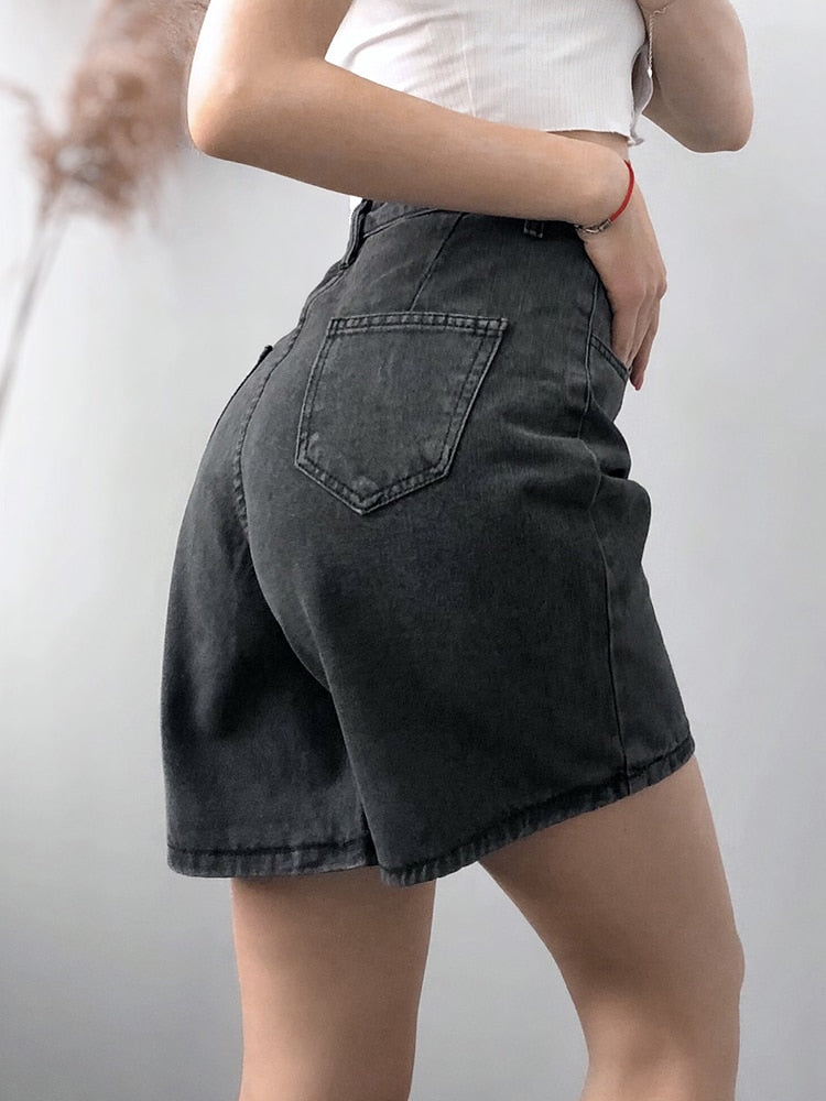 Women High Waist Button Wigh Leg Jeans Shorts