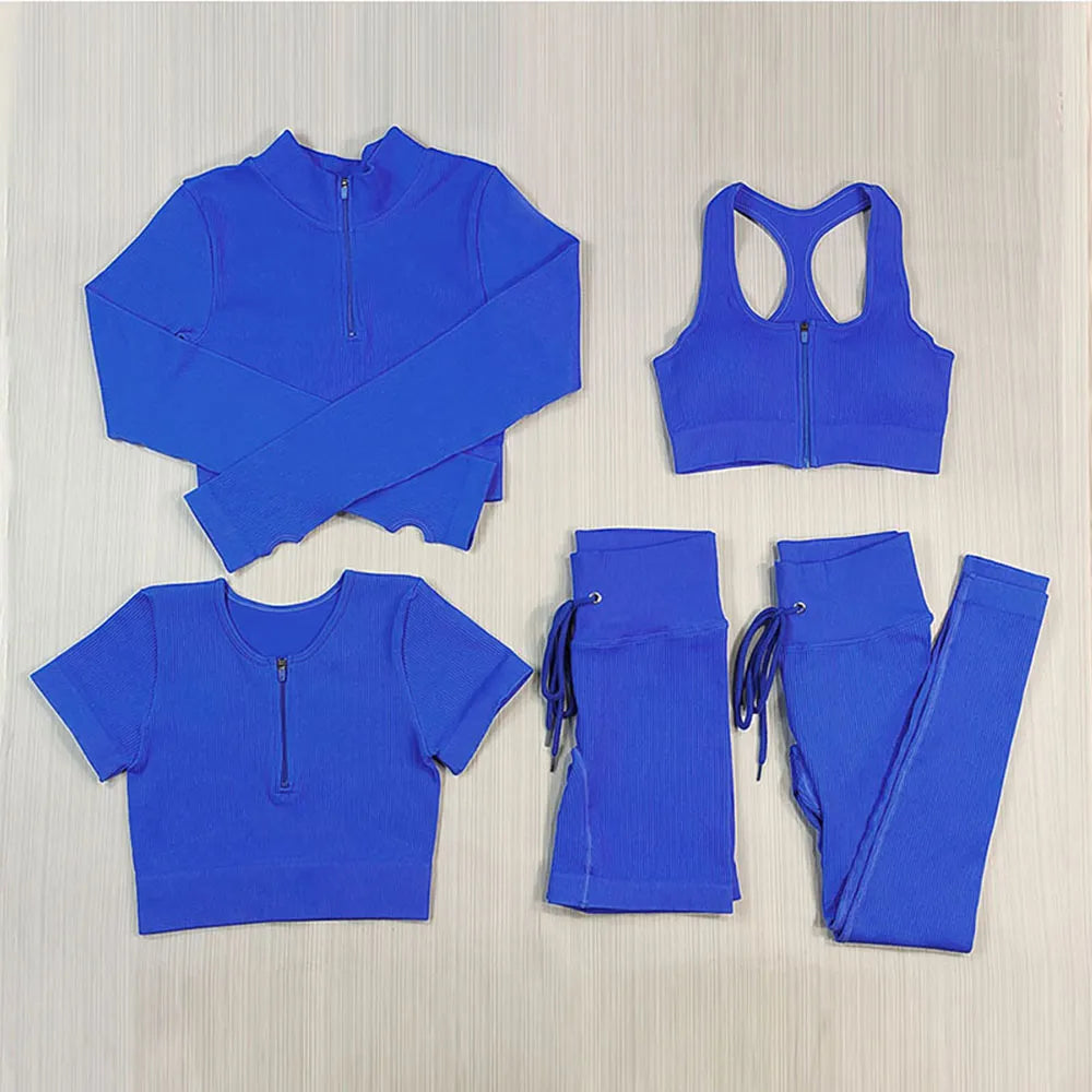 Women Sports Suit Fitness Zipper Long bllue Sleeve Top