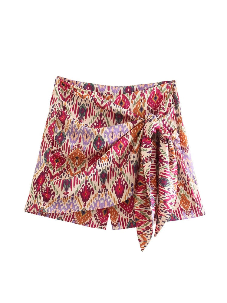 Women Fashion With Knotted Totem Print Shorts Skirts as picture