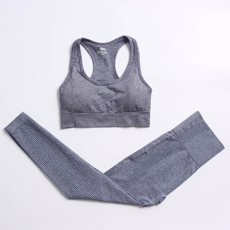 Women Workout Clothing Gym Yoga Set Blue Gray 2pcs 2