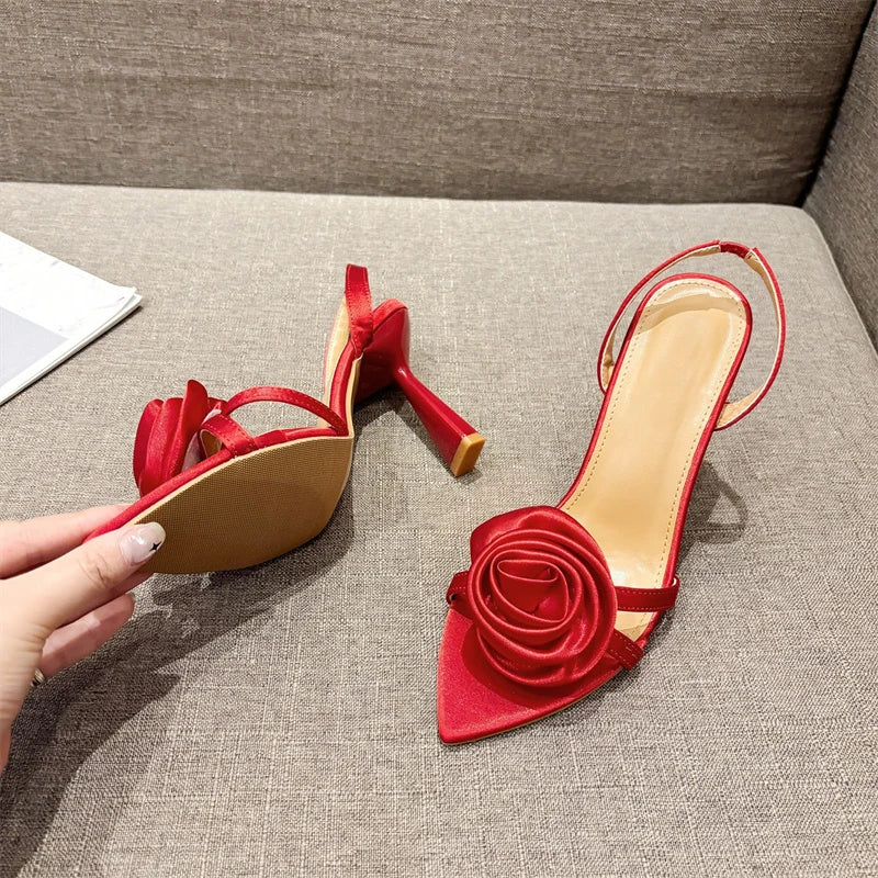 Fashion Satin Rose Flower Pointed Open Toe Back Strap high heels Sandals