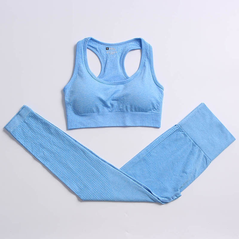 Women Workout Clothing Gym Yoga Set Blue 2pcs 2