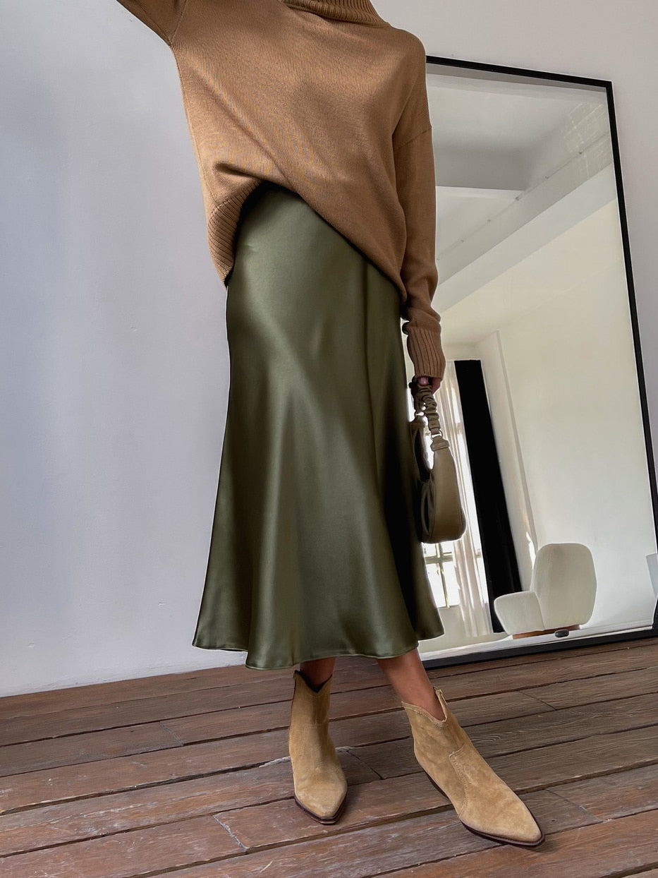 Women High Waisted Skirt Olive green