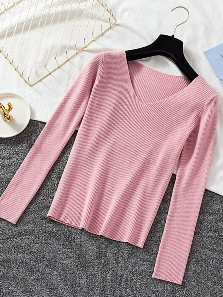 v neck long sleeve knitted pullover pink top