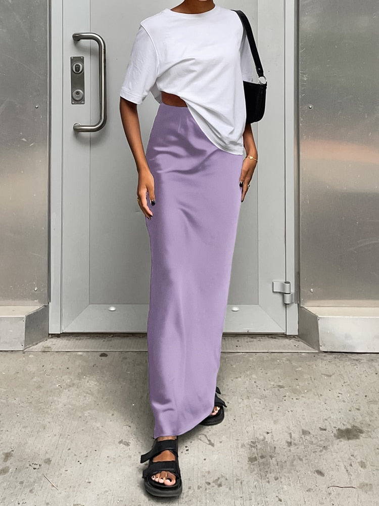 New Elegant Satin Black Trumpet Skirts purple