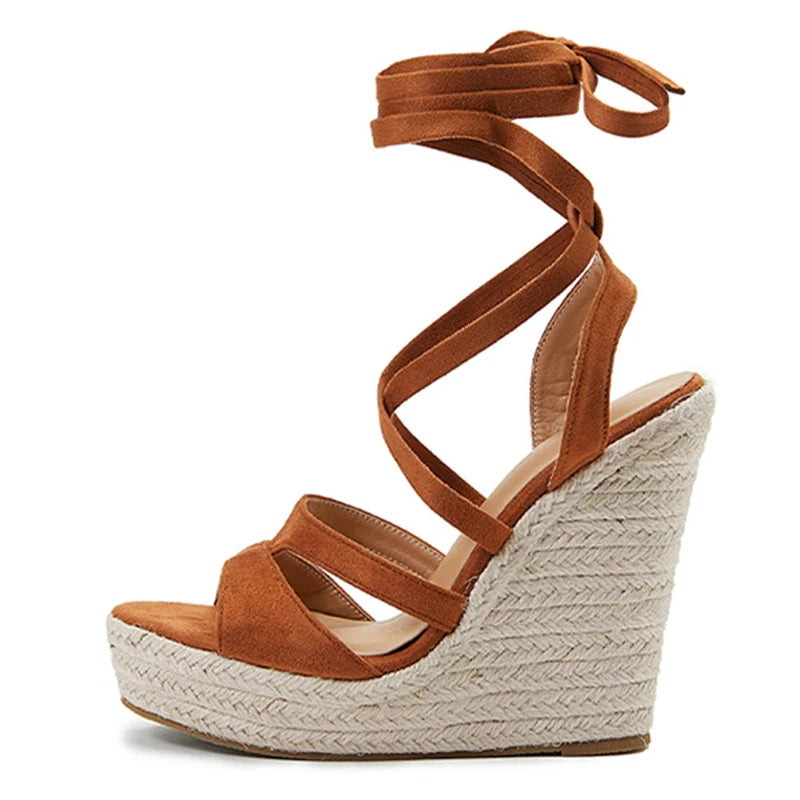 Fashion Lace-Up Summer Wedges Sandals Brown