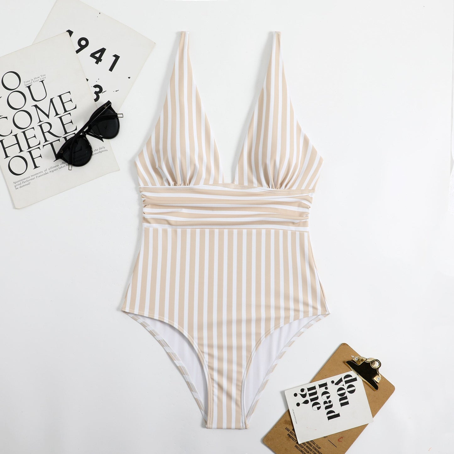 Striped Plunge One Piece Swimsuit