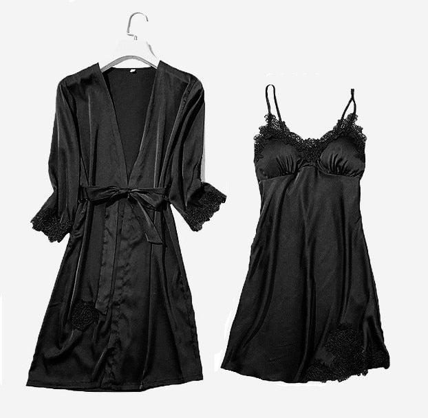 Satin Lace Pyjamas Set Black Set - C