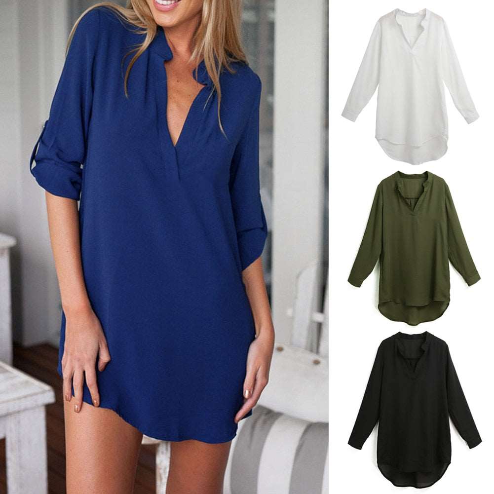 Blue Chiffon Long Sleeve Blouse