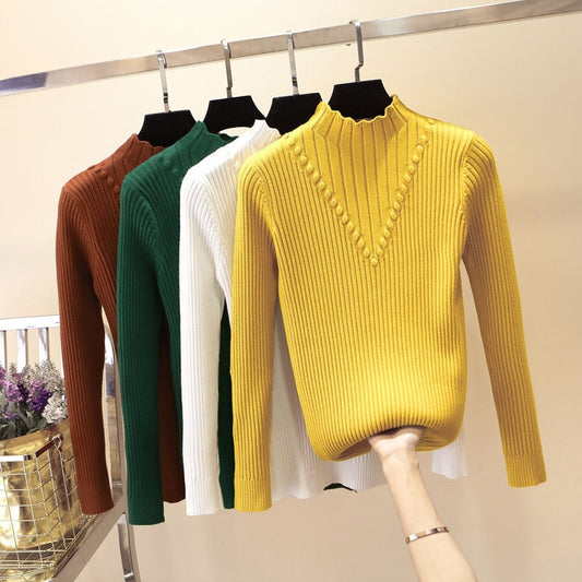 Turtleneck Long Sleeve Knitted Yellow, white, brown, green, grey Pullover