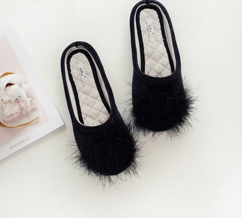 Women Pom pom classic non-slip black Slippers