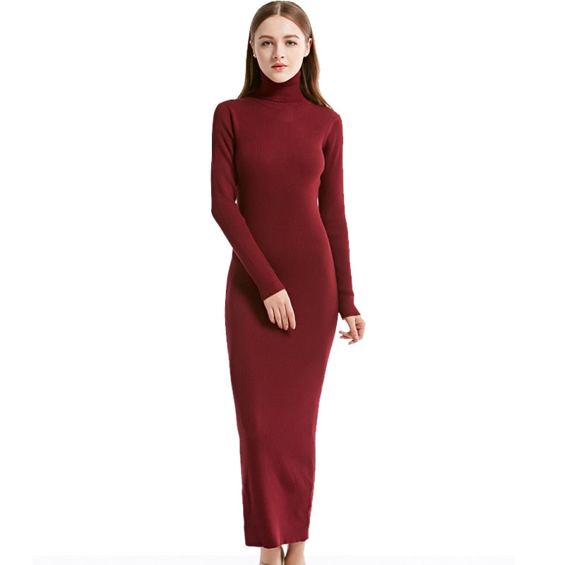 Turtle neck long sleeve bodycon knitted dress