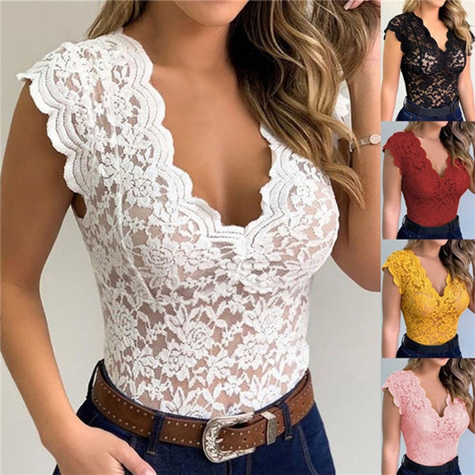 White Lace V-neck Top Blouse