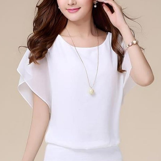 New Solid Short Sleeve Ruffle Batwing Short Shirt