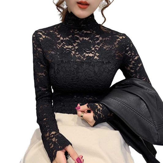 Turtleneck Long Sleeve Lace Black Top