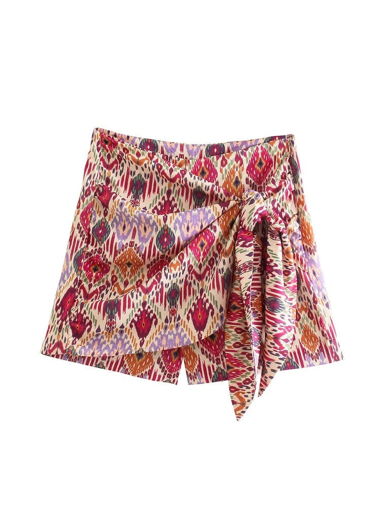 Women Fashion With Knotted Totem Print Shorts Skirts